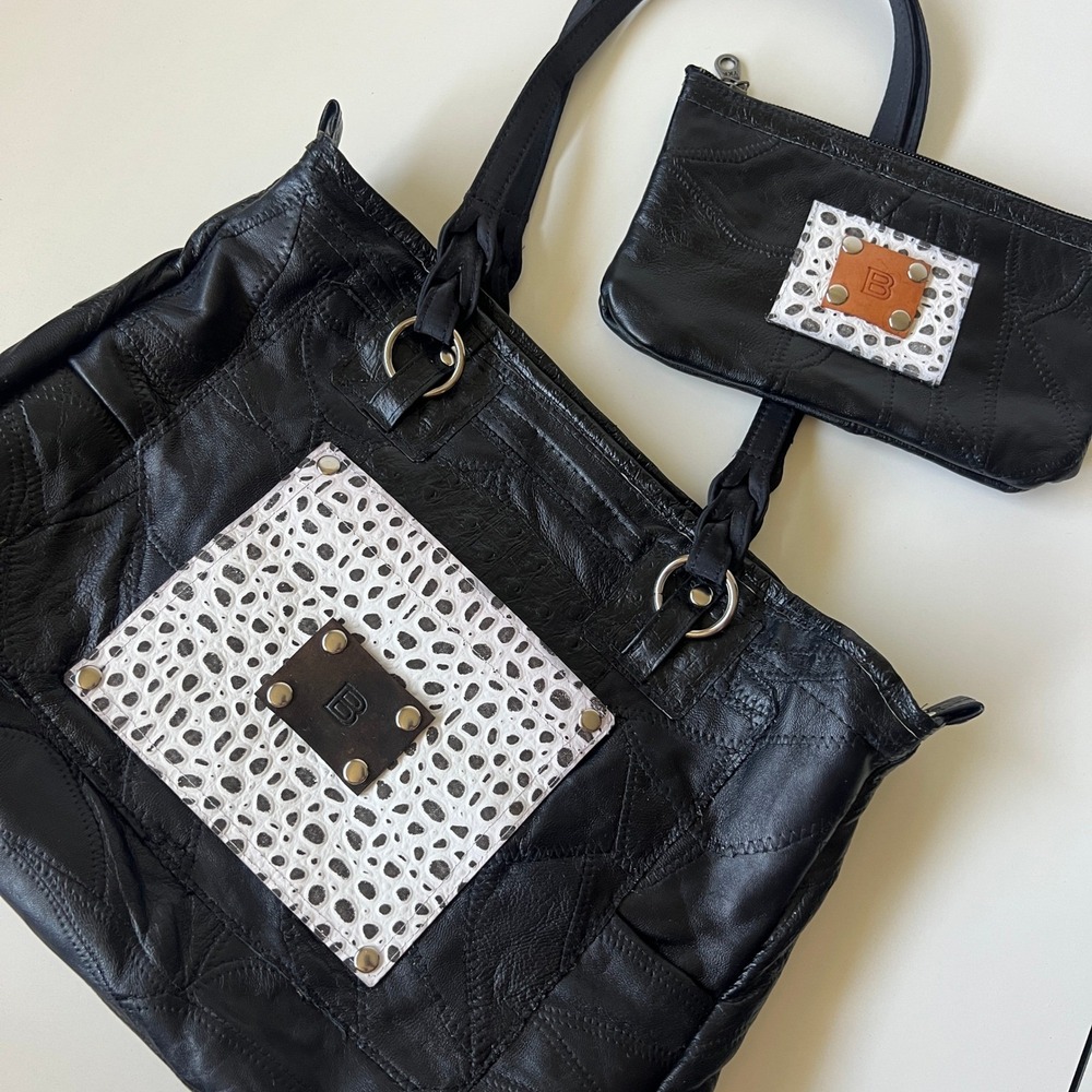Duke's Designs Black Patchwork Leather Tote Bag w/ Matching Pouch